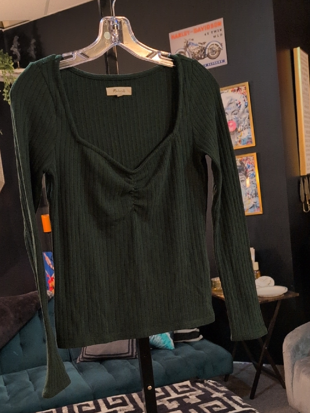 Madewell Dark Green Ribbed Scoop-Neck Long Sleeve Top
